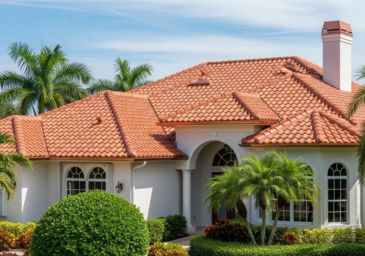 Freshly installed standing-seam and tile roof on a Palm Beach home