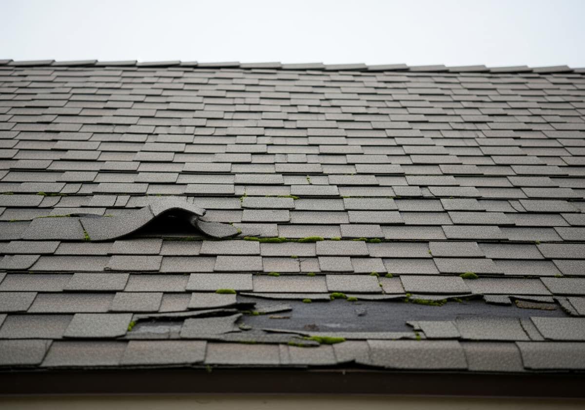Aging, weather-worn roof with cracked tile and rust streaks