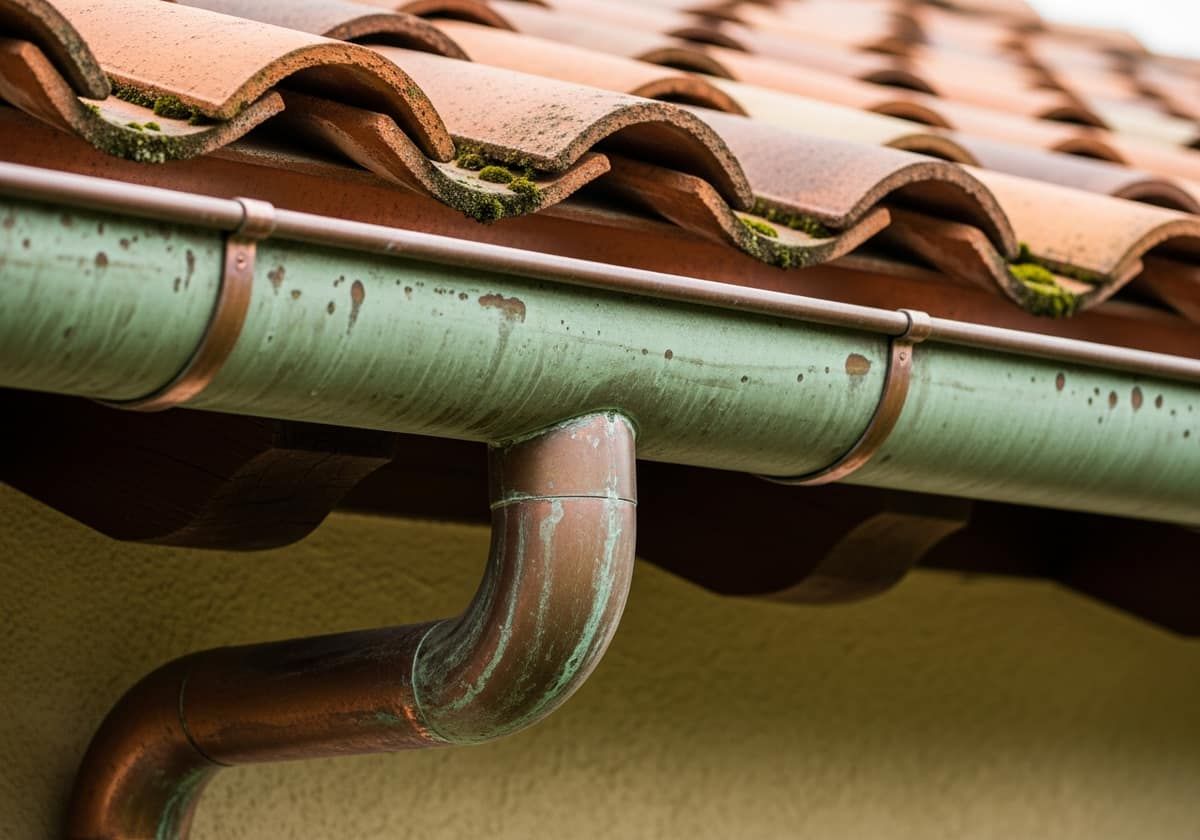 Seamless copper gutters and downspout running along the eave of a Palm Beach home