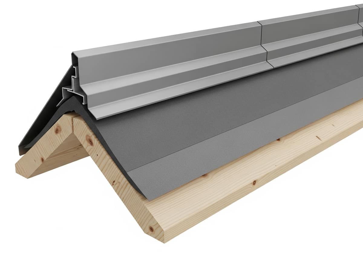 Cutaway of a roof assembly showing deck, underlayment, panel, and flashing