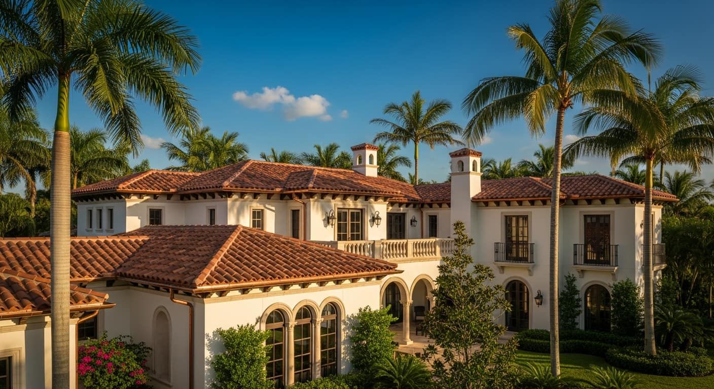 Palm Beach estate with a copper and clay-tile roof at golden hour