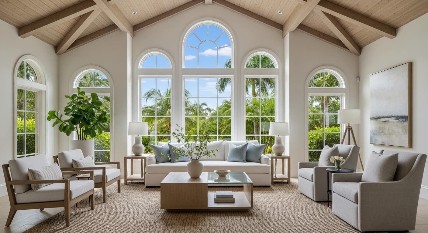 Calm, dry living room under a sound, repaired roof in Palm Beach