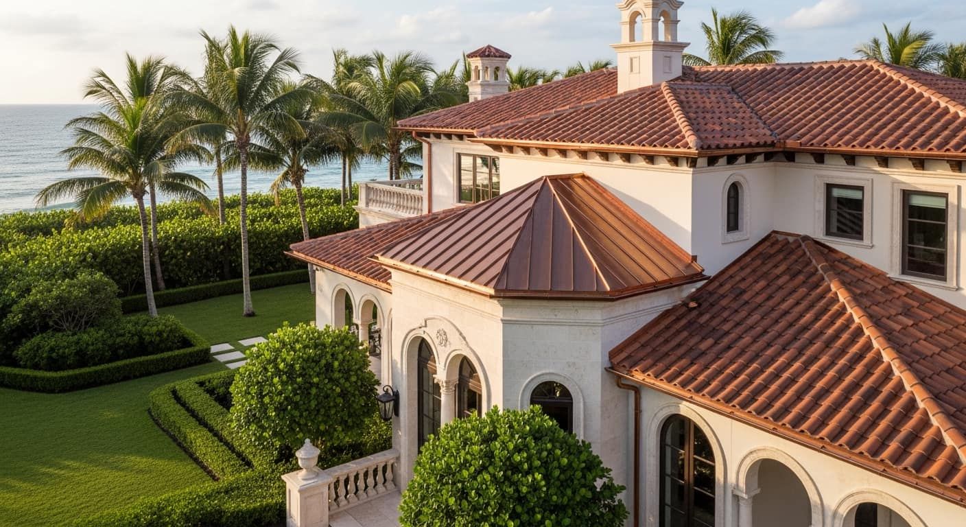 Historic Palm Beach island estate with a copper and clay-tile roof
